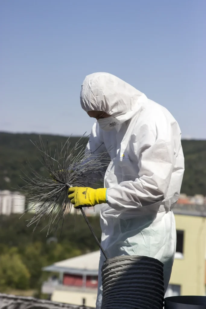 Technik s rotačnou čistiacou kefou na čistenie vetracích potrubí