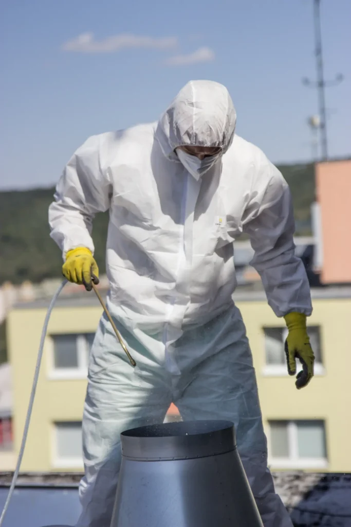 Technik v ochrannom obleku a rukaviciach počas čistenia vetracieho potrubia